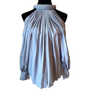 Pleated High-Neck Cold-Shoulder Blouse in Light Blue